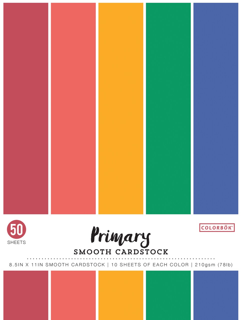 Colorbok 78lb Smooth Cardstock 8.5"X11" 50/Pkg-Primary, 5 Colors/10 Each
